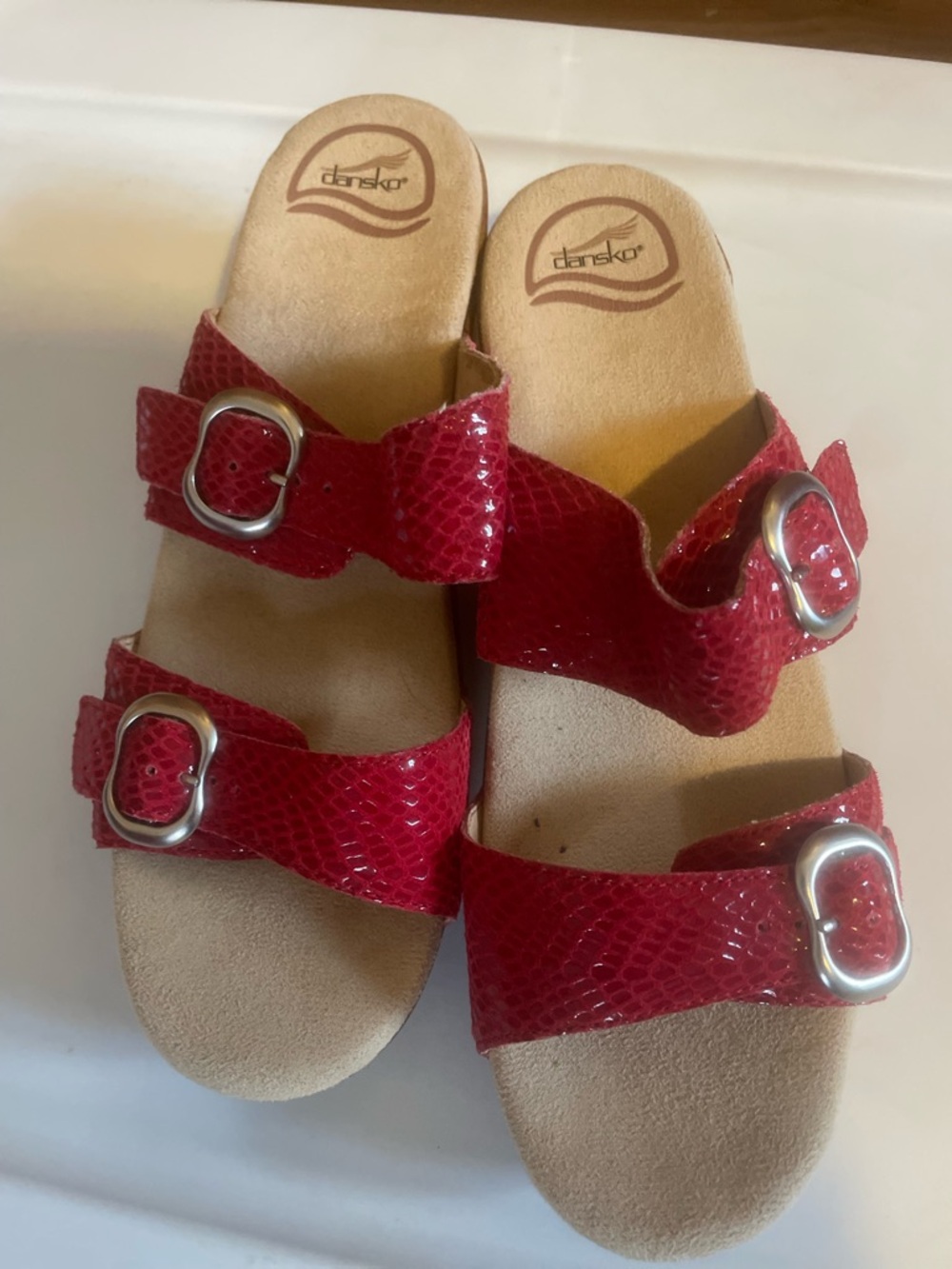 Dansko Red Snakeskin Double-Buckle Slide Sandals